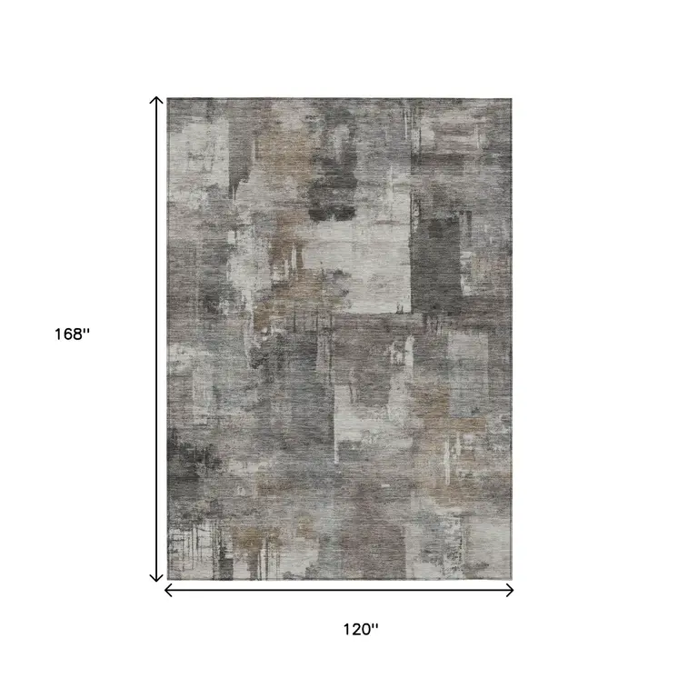 10' X 14' Pewter Khaki And Charcoal Abstract Washable Indoor Outdoor Area Rug