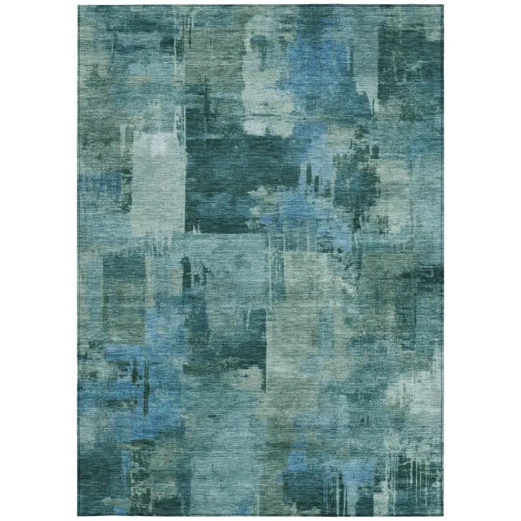 3' X 5' Teal Blue And Pale Aqua Abstract Washable Indoor Outdoor Area Rug