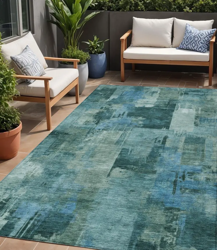 5' X 8' Teal Blue And Pale Aqua Abstract Washable Indoor Outdoor Area Rug