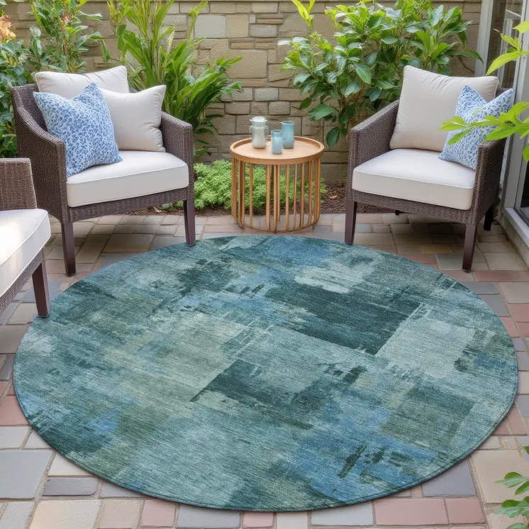 8' Teal Blue And Pale Aqua Round Abstract Washable Indoor Outdoor Area Rug