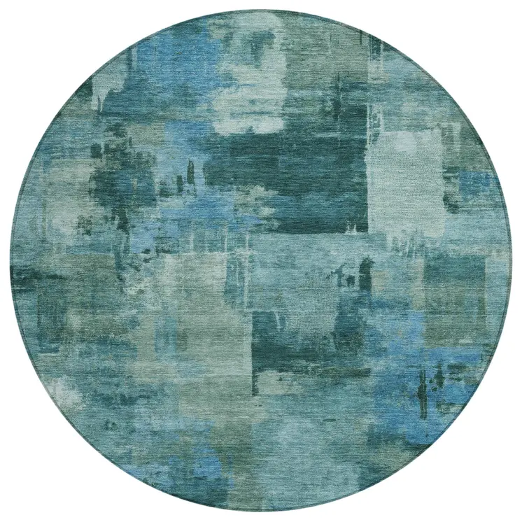 8' Teal Blue And Pale Aqua Round Abstract Washable Indoor Outdoor Area Rug
