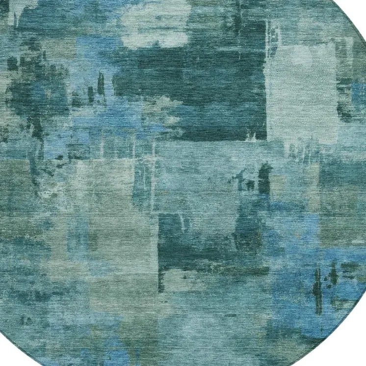 8' Teal Blue And Pale Aqua Round Abstract Washable Indoor Outdoor Area Rug