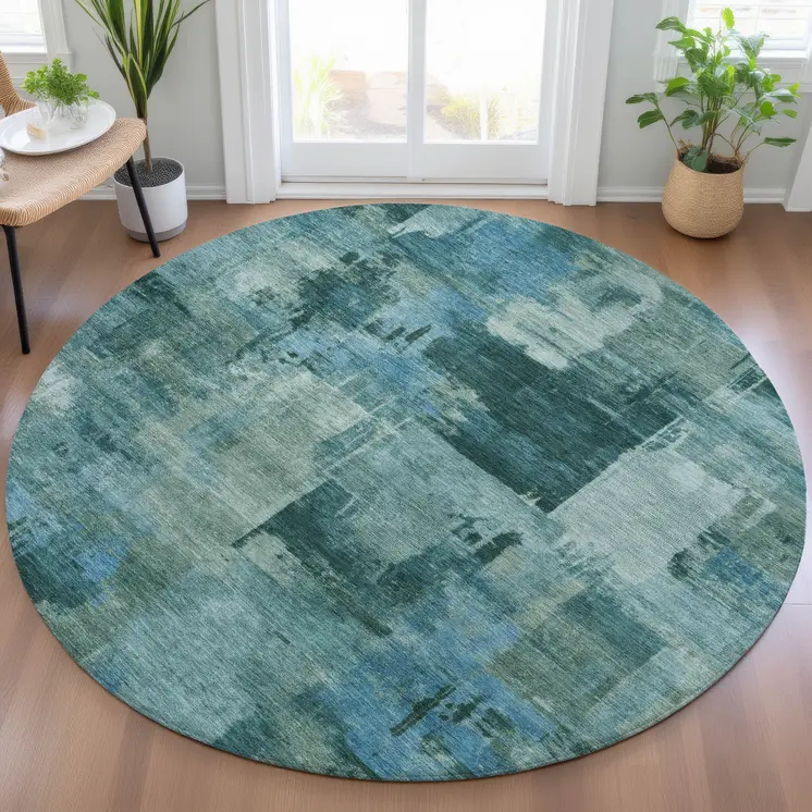 8' Teal Blue And Pale Aqua Round Abstract Washable Indoor Outdoor Area Rug