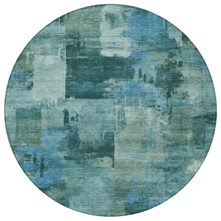 8' Teal Blue And Pale Aqua Round Abstract Washable Indoor Outdoor Area Rug