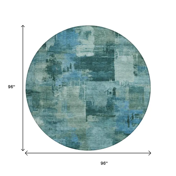 8' Teal Blue And Pale Aqua Round Abstract Washable Indoor Outdoor Area Rug