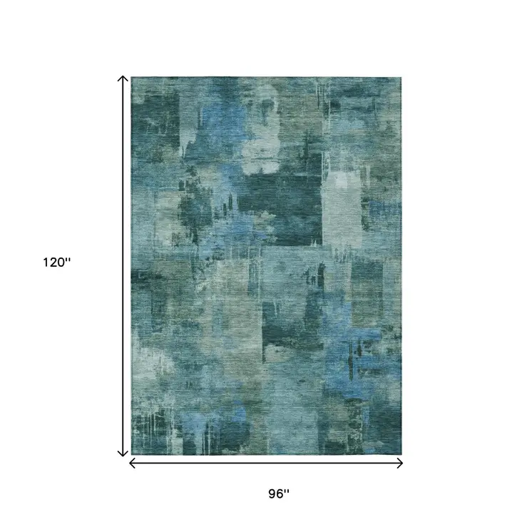 8' X 10' Teal Blue And Pale Aqua Abstract Washable Indoor Outdoor Area Rug