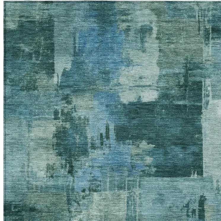 8' X 10' Teal Blue And Pale Aqua Abstract Washable Indoor Outdoor Area Rug