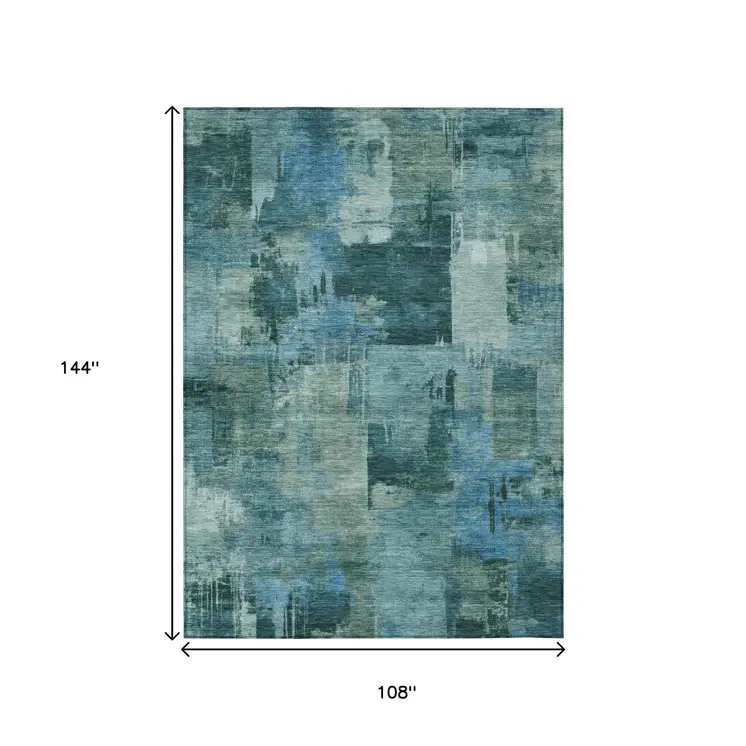 9' X 12' Teal Blue And Pale Aqua Abstract Washable Indoor Outdoor Area Rug