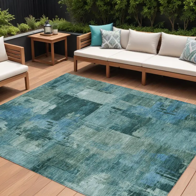 9' X 12' Teal Blue And Pale Aqua Abstract Washable Indoor Outdoor Area Rug
