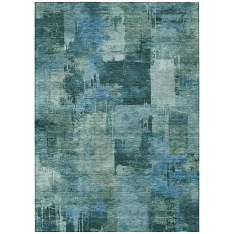 9' X 12' Teal Blue And Pale Aqua Abstract Washable Indoor Outdoor Area Rug