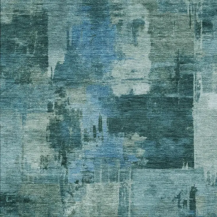 9' X 12' Teal Blue And Pale Aqua Abstract Washable Indoor Outdoor Area Rug