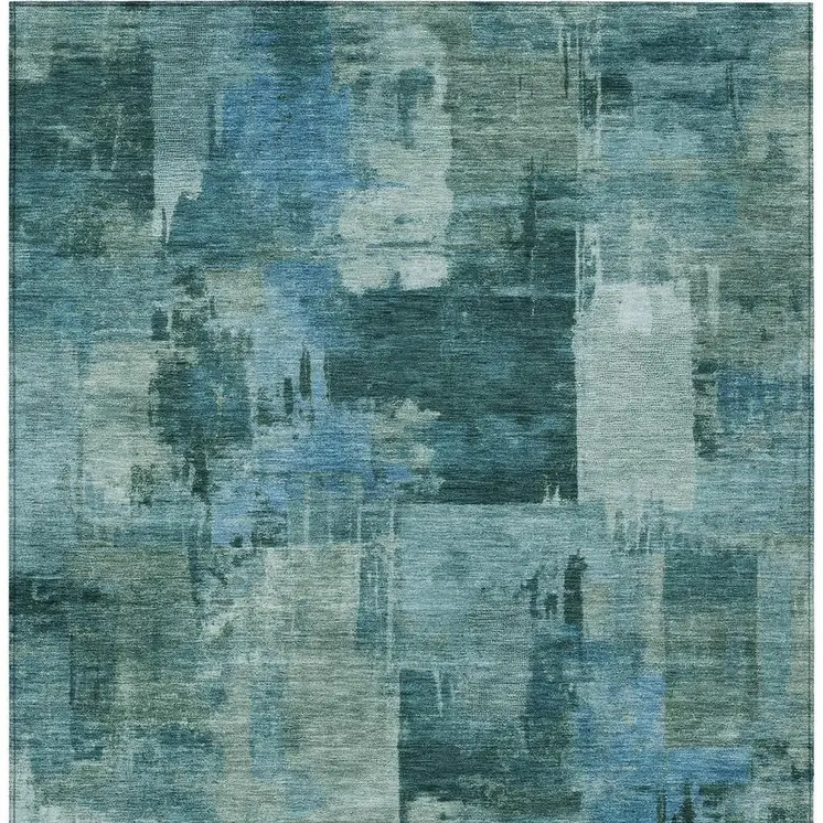 10' X 14' Teal Blue And Pale Aqua Abstract Washable Indoor Outdoor Area Rug
