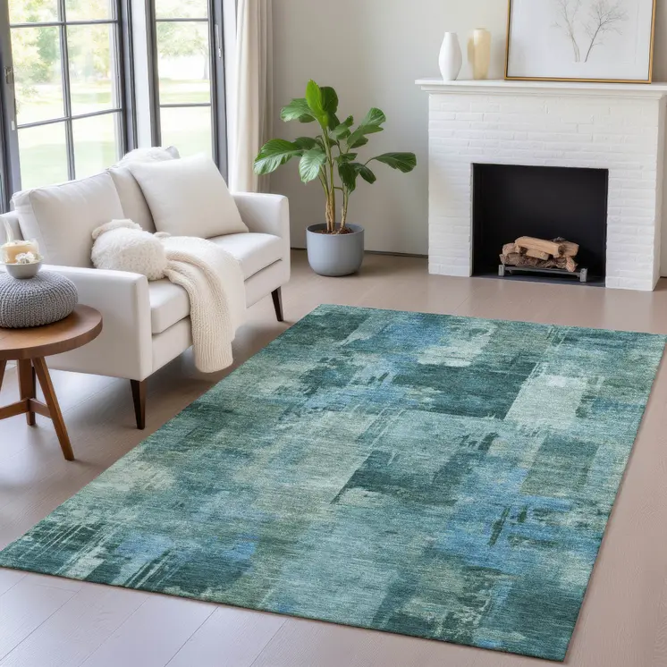 10' X 14' Teal Blue And Pale Aqua Abstract Washable Indoor Outdoor Area Rug