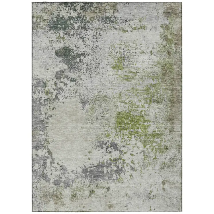 5' X 8' Linen Fern Green And Beige Abstract Washable Indoor Outdoor Area Rug