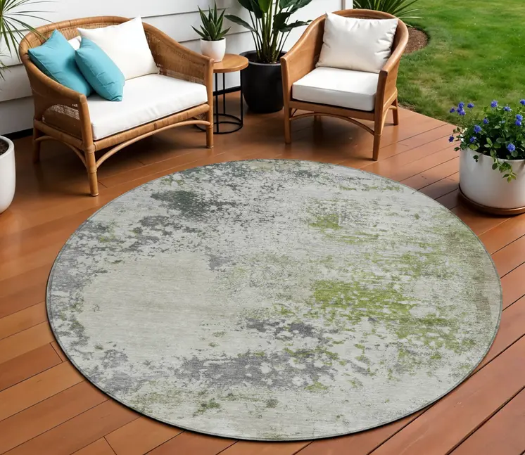 8' Linen Fern Green And Beige Round Abstract Washable Indoor Outdoor Area Rug