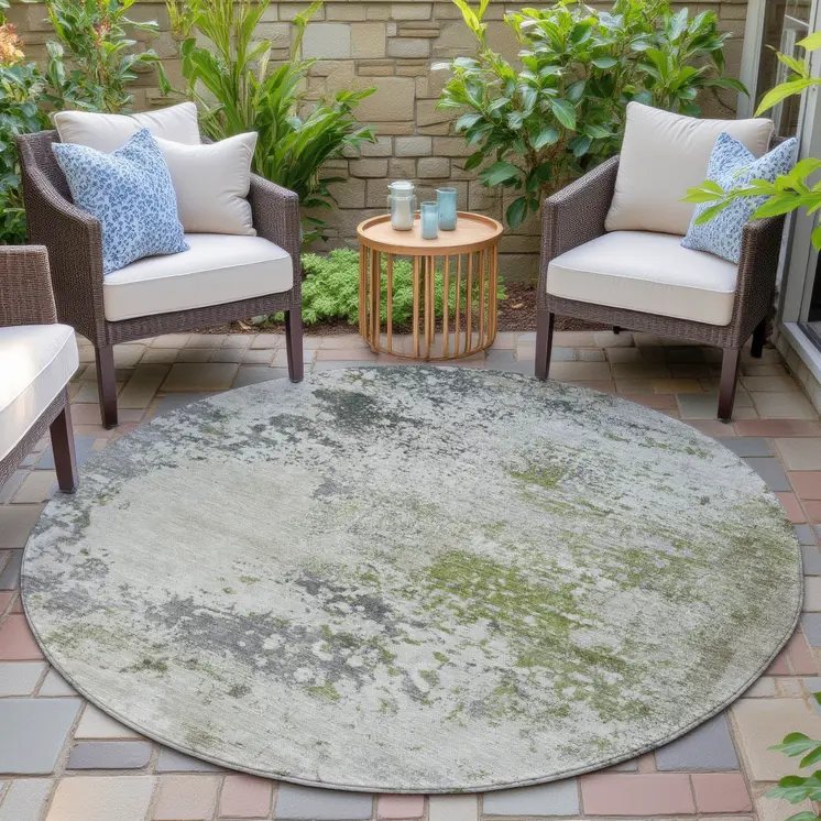 8' Linen Fern Green And Beige Round Abstract Washable Indoor Outdoor Area Rug
