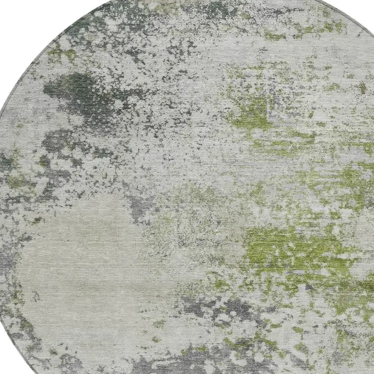 8' Linen Fern Green And Beige Round Abstract Washable Indoor Outdoor Area Rug