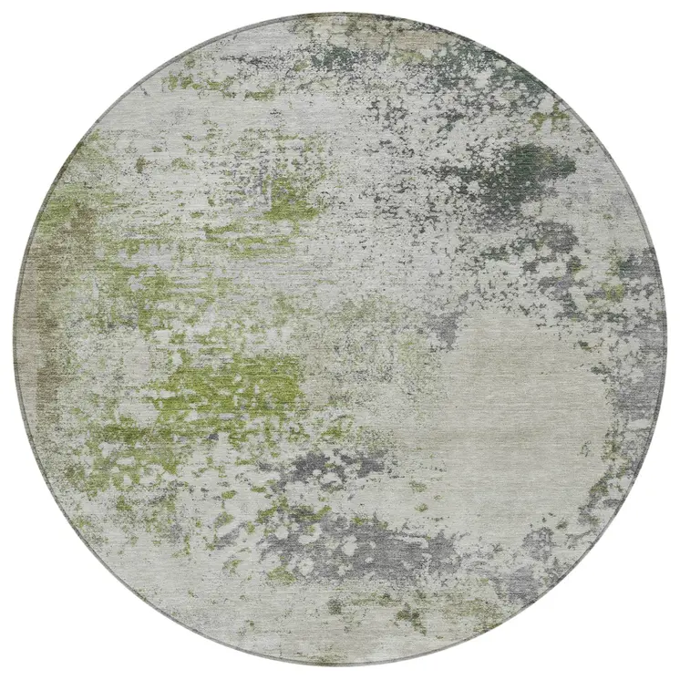 8' Linen Fern Green And Beige Round Abstract Washable Indoor Outdoor Area Rug
