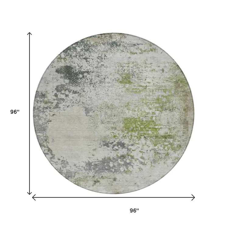 8' Linen Fern Green And Beige Round Abstract Washable Indoor Outdoor Area Rug