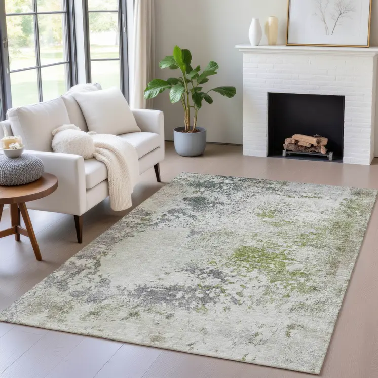 8' X 10' Linen Fern Green And Beige Abstract Washable Indoor Outdoor Area Rug