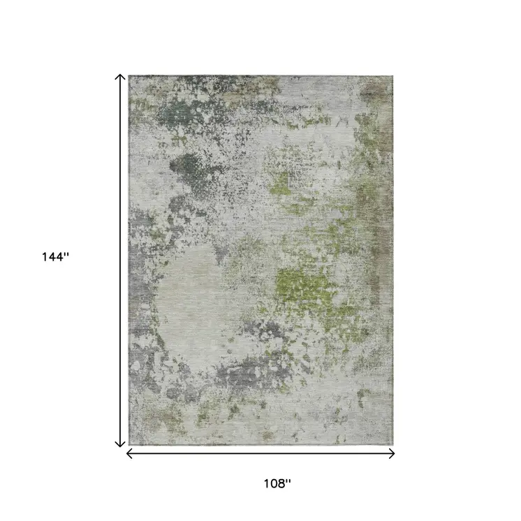 9' X 12' Linen Fern Green And Beige Abstract Washable Indoor Outdoor Area Rug