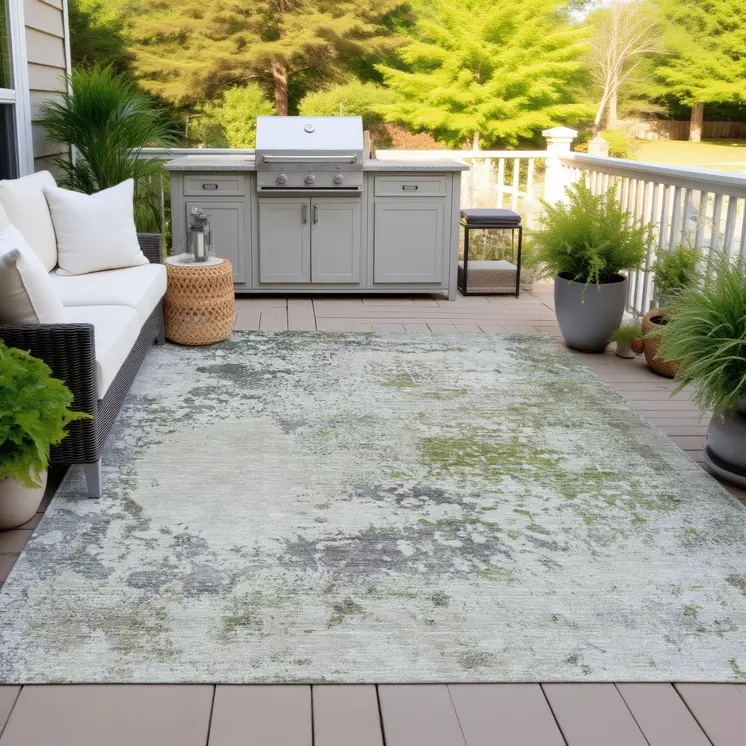 10' X 14' Linen Fern Green And Beige Abstract Washable Indoor Outdoor Area Rug