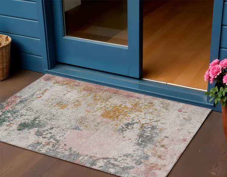 3' X 5' Pink Charcoal And Copper Abstract Washable Indoor Outdoor Area Rug