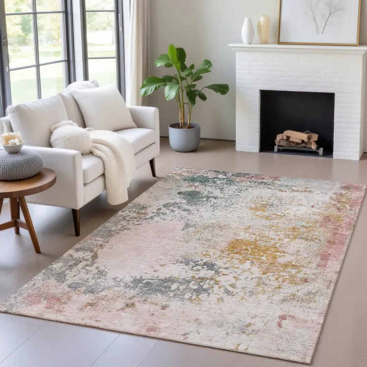5' X 8' Pink Charcoal And Copper Abstract Washable Indoor Outdoor Area Rug
