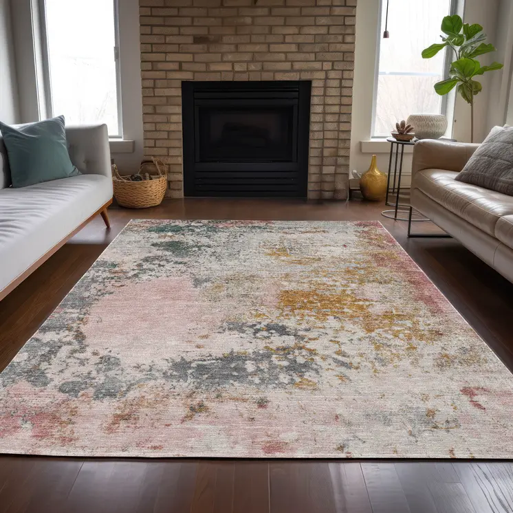 5' X 8' Pink Charcoal And Copper Abstract Washable Indoor Outdoor Area Rug