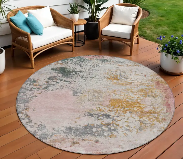 8' Pink Charcoal And Copper Round Abstract Washable Indoor Outdoor Area Rug