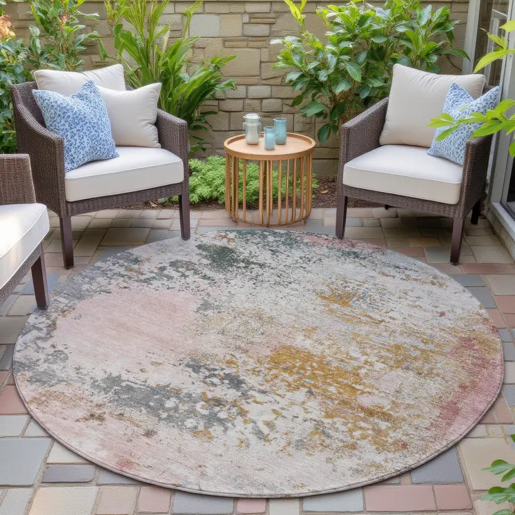 8' Pink Charcoal And Copper Round Abstract Washable Indoor Outdoor Area Rug