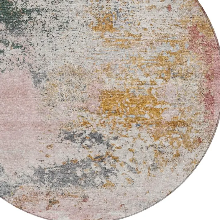 8' Pink Charcoal And Copper Round Abstract Washable Indoor Outdoor Area Rug