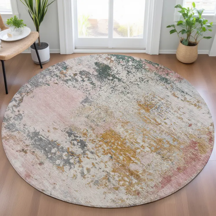 8' Pink Charcoal And Copper Round Abstract Washable Indoor Outdoor Area Rug