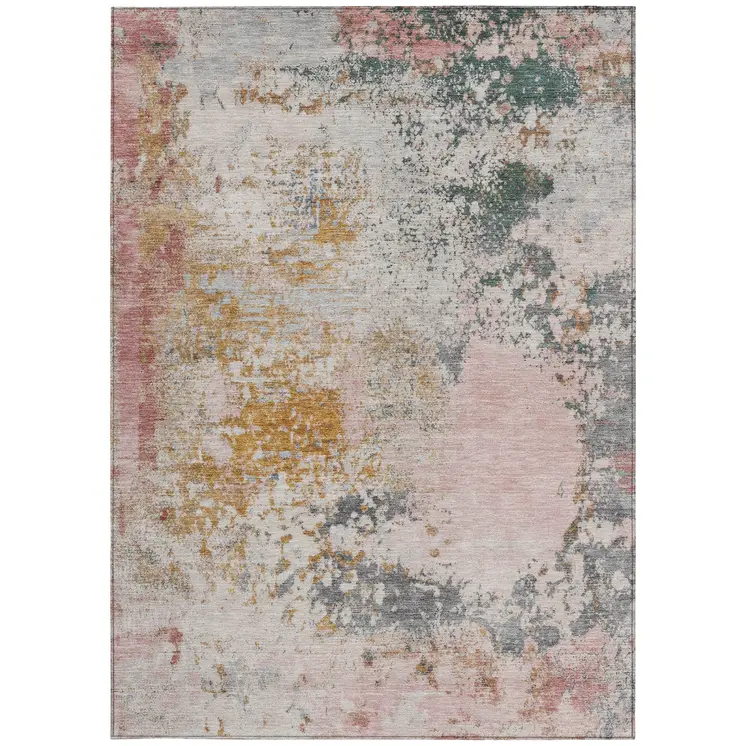 9' X 12' Pink Charcoal And Copper Abstract Washable Indoor Outdoor Area Rug