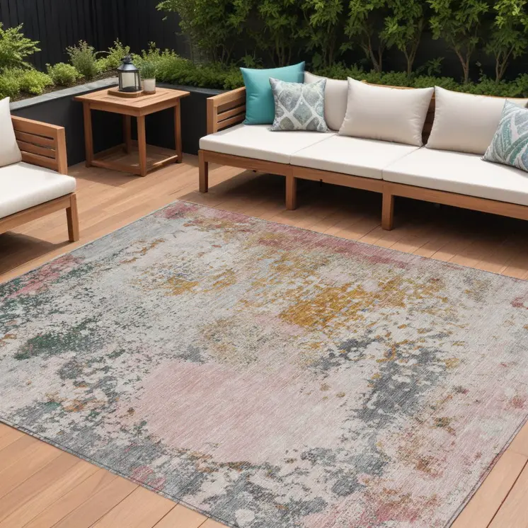 9' X 12' Pink Charcoal And Copper Abstract Washable Indoor Outdoor Area Rug