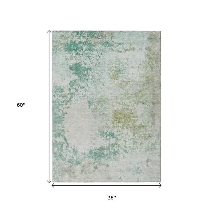 3' X 5' Beige Teal Blue And Ivory Abstract Washable Indoor Outdoor Area Rug
