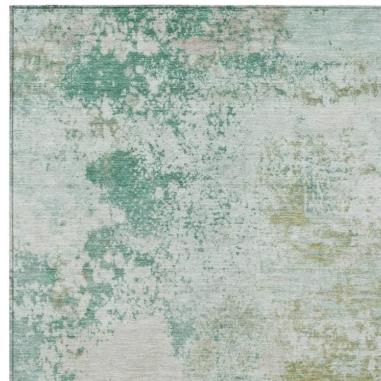 3' X 5' Beige Teal Blue And Ivory Abstract Washable Indoor Outdoor Area Rug