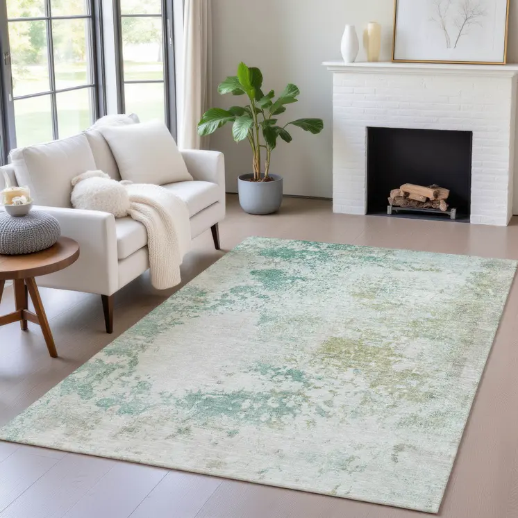 5' X 8' Beige Teal Blue And Ivory Abstract Washable Indoor Outdoor Area Rug