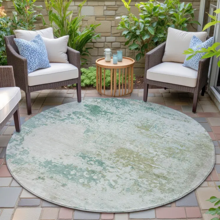 8' Beige Teal Blue And Ivory Round Abstract Washable Indoor Outdoor Area Rug