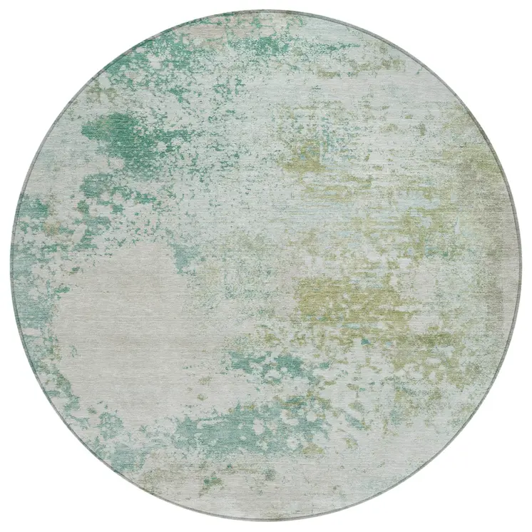 8' Beige Teal Blue And Ivory Round Abstract Washable Indoor Outdoor Area Rug