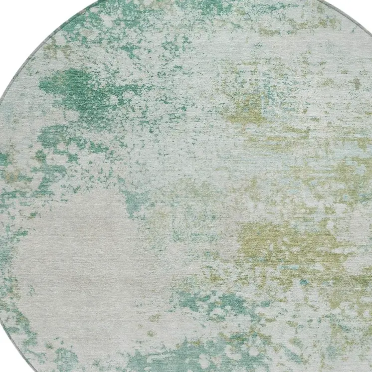 8' Beige Teal Blue And Ivory Round Abstract Washable Indoor Outdoor Area Rug