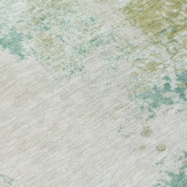 8' Beige Teal Blue And Ivory Round Abstract Washable Indoor Outdoor Area Rug