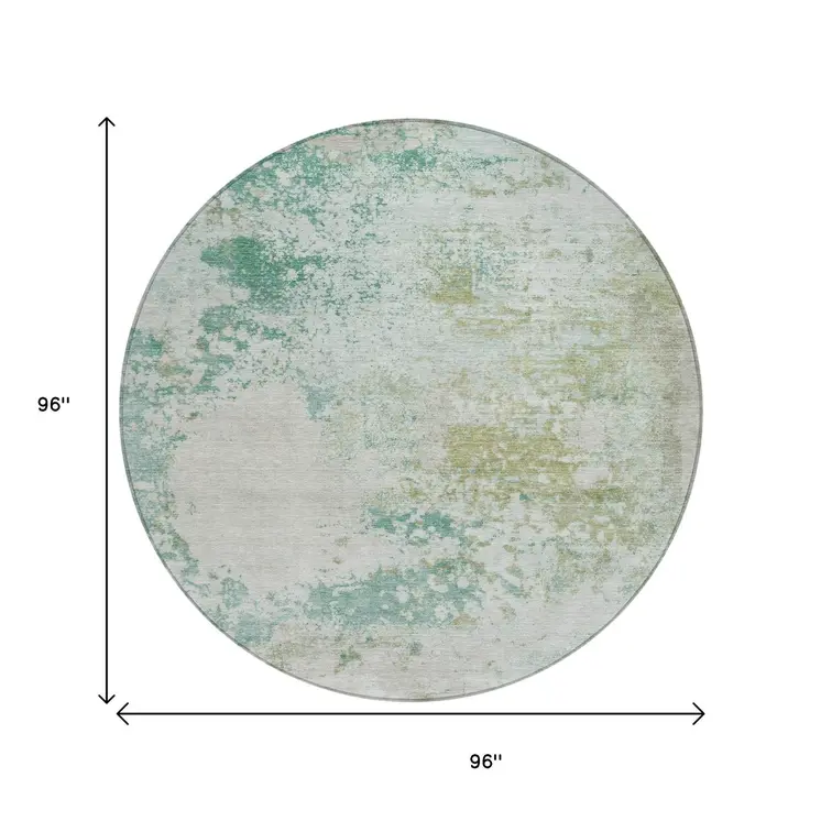 8' Beige Teal Blue And Ivory Round Abstract Washable Indoor Outdoor Area Rug