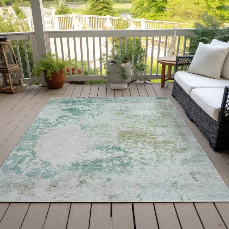 8' X 10' Beige Teal Blue And Ivory Abstract Washable Indoor Outdoor Area Rug