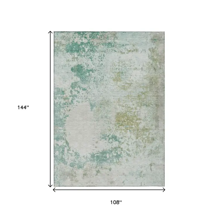 9' X 12' Beige Teal Blue And Ivory Abstract Washable Indoor Outdoor Area Rug