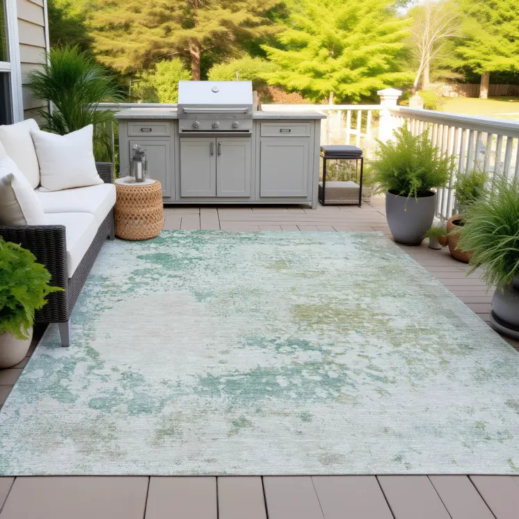 9' X 12' Beige Teal Blue And Ivory Abstract Washable Indoor Outdoor Area Rug