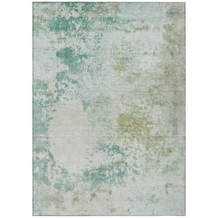 9' X 12' Beige Teal Blue And Ivory Abstract Washable Indoor Outdoor Area Rug