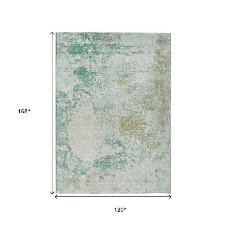 10' X 14' Beige Teal Blue And Ivory Abstract Washable Indoor Outdoor Area Rug