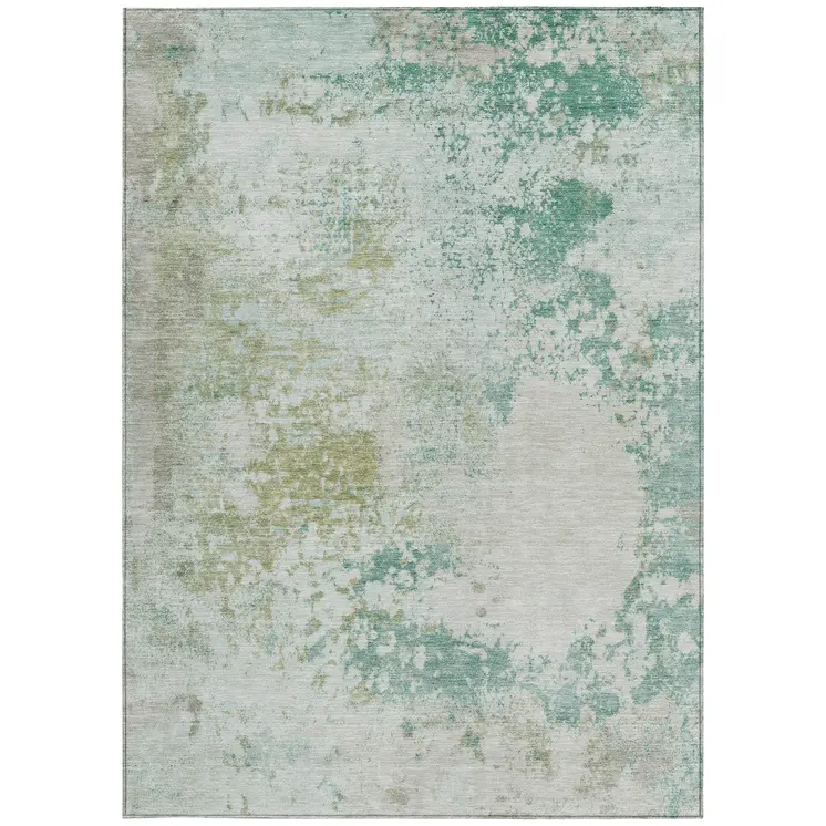 10' X 14' Beige Teal Blue And Ivory Abstract Washable Indoor Outdoor Area Rug