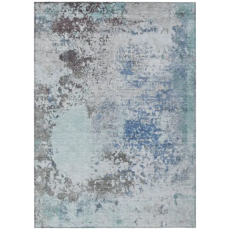 3' X 5' Turquoise Denim Blue And Gray Abstract Washable Indoor Outdoor Area Rug